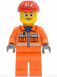 Construction Worker - Orange Zipper, Safety Stripes, Orange Arms, Orange Legs, Red Construction Helmet, Glasses with Gray Side Frames (Crane Operator) (cty0246)