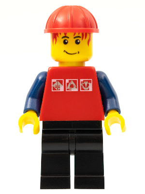 Red Shirt with 3 Silver Logos, Dark Blue Arms, Black Legs, Messy Red Hair, Red Construction Helmet (cty0244)