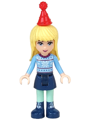 Friends Stephanie - Dark Blue Skirt, Bright Light Blue Fair Isle Sweater with Snowflakes Pattern, Red Christmas Hat (frnd0225)