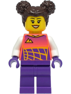 Stuntz Driver - Female, Coral Racing Shirt with White Arms, Dark Purple Legs, Dark Brown Hair with Buns (cty1331)