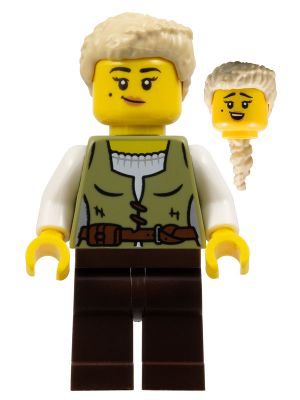 Carpenter - Female, Olive Green Vest, Dark Brown Legs, Tan Coiled Hair Ponytail (cas582)