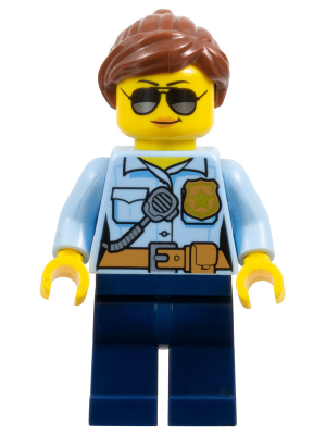 Police - City Officer Female, Bright Light Blue Shirt with Badge and Radio, Dark Blue Legs, Reddish Brown Ponytail and Swept Sideways Fringe (cty0744)