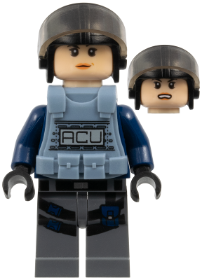 ACU Trooper - Female, Black Aviator Cap with Trans-Brown Visor, Light Nougat Head, Sand Blue Body Armor Vest (jw007)