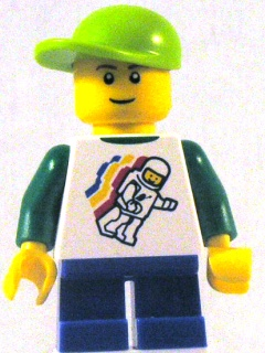 Classic Space Minifigure Floating Pattern, Blue Short Legs, Lime Short Bill Cap (Undetermined Eyebrows) (twn131)