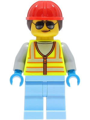 Space Engineer - Female, Neon Yellow Safety Vest with Reflective Stripes, Bright Light Blue Legs, Red Construction Helmet with Dark Brown Ponytail Hair, Sunglasses (cty1425)