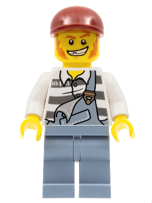 Police - Jail Prisoner Torn Overalls over Prison Stripes, Sand Blue Legs, Dark Red Short Bill Cap (cty0265)