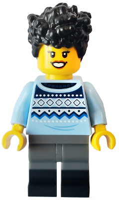Camper - Female, Bright Light Blue Knit Fair Isle Sweater, Dark Bluish Gray Legs with Black Boots, Black Hair (idea149)