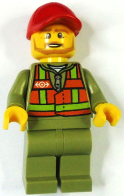 Train Driver - Orange Safety Vest with Lime Stripes, Olive Green Legs, Red Cap with Hole, Beard Dark Tan Angular (trn244)
