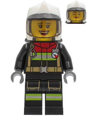 Fire - Female, Black Jacket and Legs with Reflective Stripes and Red Collar, White Fire Helmet, Trans-Brown Visor (Sarah Feldman) (cty1250)