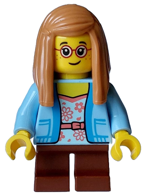 Child - Girl, Bright Light Blue Jacket over White Shirt with Coral Flowers, Reddish Brown Short Legs, Medium Nougat Hair Long, Red Glasses (hol352)
