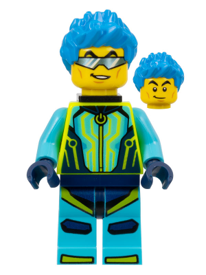 Stuntz Driver - Male, Medium Azure and Neon Yellow Jumpsuit, Dark Azure Spiked Hair, Black Neck Bracket (cty1527)