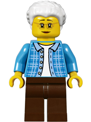 Grandma, Dark Azure Plaid Jacket with Collar, Dark Brown Legs and White Hair (twn294)
