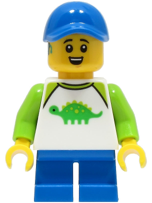Child - Boy, White Shirt with Bright Green Dinosaur, Blue Short Legs, Blue Cap, Hearing Aid (cty1662)