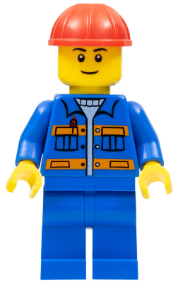 Blue Jacket with Pockets and Orange Stripes, Blue Legs, Red Construction Helmet, Thin Grin (cty0925)