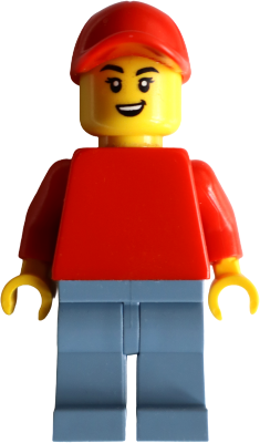 Bike Burger Cart Driver - Female, Red Torso, Sand Blue Legs, Red Cap (twn547)