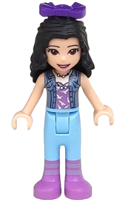 Friends Emma - Medium Lavender Top with White Birds, Sand Blue Vest, Medium Light Blue Trousers, Bow (frnd0329)