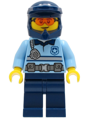 Police - City Officer Bright Light Blue Shirt with Silver Stripe, Badge, and Radio, Dark Blue Legs, Dark Blue Dirt Bike Helmet, Safety Glasses (cty1243)