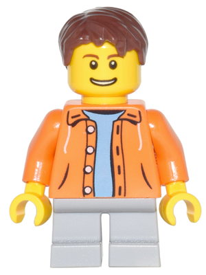 Orange Jacket with Hood over Light Blue Sweater, Light Bluish Gray Short Legs, Reddish Brown Short Tousled Hair (cty0440)