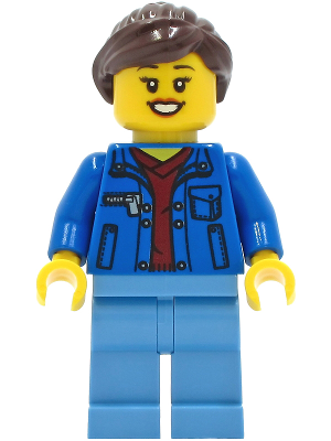 Woman - Blue Jacket over Dark Red V-Neck Sweater, Medium Blue Legs, Dark Brown Hair (twn409)