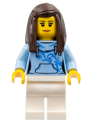 Pizza Van Customer Female, Bright Light Blue Hoodie with Swirl Flower Pattern, Dark Brown Hair (cty0710)