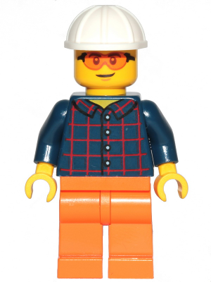 Construction Worker - Male, Dark Blue Plaid Button Shirt, Orange Legs, White Construction Helmet, Safety Glasses (cty1435)