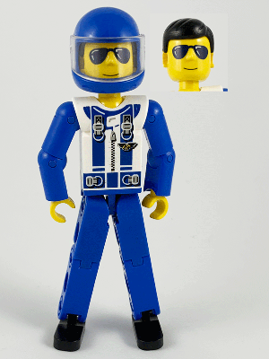 Technic Figure Blue Legs, White Top with Zipper and Blue Shoulder Harness Pattern, Blue Arms, Blue Helmet, Trans-Clear Visor (tech038a)