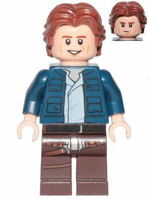 Han Solo, Dark Brown Legs with Holster Pattern, Dark Blue Jacket, Wavy Hair, Smile / Frown (sw1021)