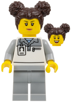 Formula 1 Mechanic - Female, Light Bluish Gray and White Polo Shirt, Light Bluish Gray Legs, Dark Brown Hair with Buns, Freckles (cty1833)