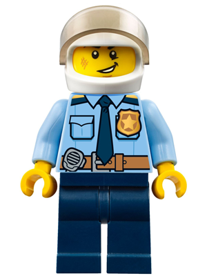 Police - City Officer Shirt with Dark Blue Tie and Gold Badge, Dark Tan Belt with Radio, Dark Blue Legs, White Helmet (cty0772)