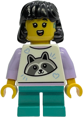 Child - Girl, White Top with Raccoon, Dark Turquoise Short Legs, Black Midlength Hair, Hearing Aid (idea243)