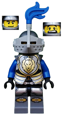 Castle - King's Knight Armor with Lion Head with Crown, Helmet with Pointed Visor, Blue Plume, Determined / Open Mouth Scared Pattern (cas535)