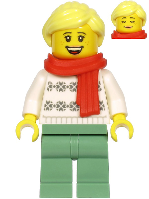 Woman, White Turtleneck Sweater, Sand Green Legs, Bright Light Yellow Hair, Red Scarf (hol216)