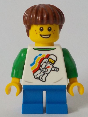 Child - Boy, Classic Space Shirt with Minifigure Floating and Back Print, Blue Short Legs, Reddish Brown Hair, Freckles (cty1046)