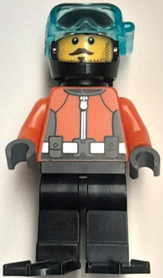 Diver - Male, Reddish Orange Wetsuit, Black Legs, Helmet, Air Tanks and Flippers, Trans-Light Blue Visor, Dark Brown Stubble (cty1872)