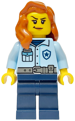 Police - City Officer Female, Bright Light Blue Uniform with Dark Bluish Gray Belt, Dark Blue Legs, Dark Orange Hair over Shoulder (cty1752)