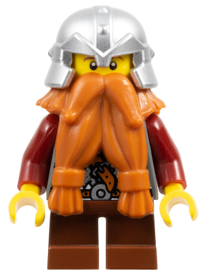 Fantasy Era - Dwarf, Dark Orange Beard, Metallic Silver Helmet with Studded Bands, Dark Red Arms (cas432)