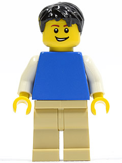 Plain Blue Torso with White Arms, Tan Legs, Black Short Tousled Hair (pln172)