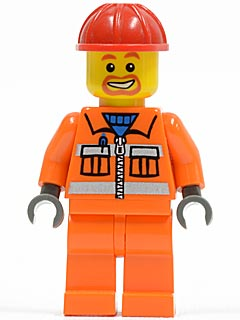 Construction Worker - Orange Zipper, Safety Stripes, Orange Arms, Orange Legs, Red Construction Helmet, Beard Around Mouth (cty0111)