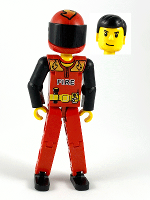 Technic Figure Red Legs, Red Top with Black 'FIRE', Black Arms (Fireman), Red Helmet with Flame, Black Visor - Without Sticker (tech023a)