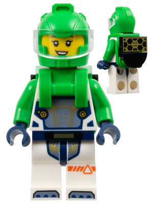 Astronaut - Female, White Spacesuit with Bright Green Arms, Bright Green Helmet, Trans-Clear Visor, Bright Green Harness with Solar Panel, Open Mouth (cty1698)