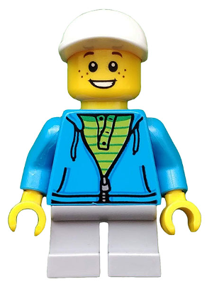 Boy, White Cap, Dark Azure Hoodie, Lime Shirt (idea033)