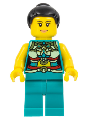 Lunar New Year Parade Participant - Musician, Female, Ornate Dark Turquoise Costume, Black Bun, Slight Smile (hol314)