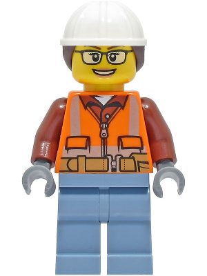 Construction Worker - Female, Orange Safety Vest, Reflective Stripes, Reddish Brown Shirt, Sand Blue Legs, White Construction Helmet with Dark Brown Ponytail Hair, Glasses (cty1405)