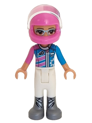 Friends Olivia (Nougat) - White Trousers, Dark Pink and Dark Azure Racing Jacket, Dark Pink Racing Helmet with Reddish Brown Ponytail (frnd0268)