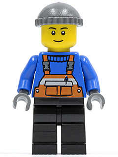 Overalls with Safety Stripe Orange, Black Legs, Dark Bluish Gray Knit Cap, Black Eyebrows, Thin Grin (twn123a)