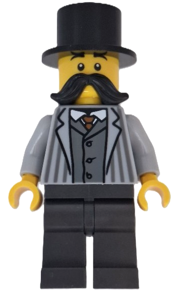 Wild West Train Passenger - Male, Light Bluish Gray Striped Jacket, Pearl Dark Gray Legs, Black Moustache and Top Hat (bdp198)