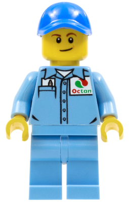 Medium Blue Uniform Shirt with Pocket and Octan Logo, Medium Blue Legs, Blue Cap with Hole, Lopsided Smile (cty0689)
