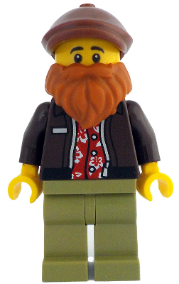 Photographer - Male, Dark Brown Jacket over Red Hawaiian Shirt, Olive Green Legs, Reddish Brown Flat Cap, Dark Orange Beard (idea214)
