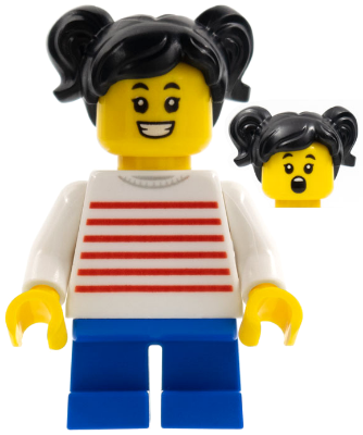 Child - Girl, White Sweater with Red Horizontal Stripes, Blue Short Legs, Black Hair with Pigtails (LLP018)
