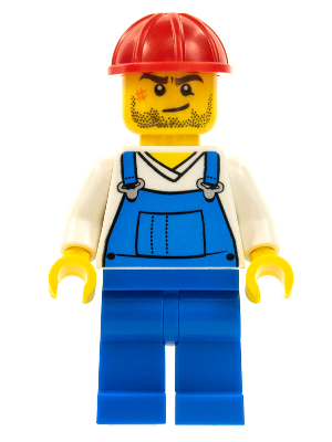 Overalls Blue over V-Neck Shirt, Blue Legs, Red Construction Helmet, Crooked Smile and Scar (cty0555)